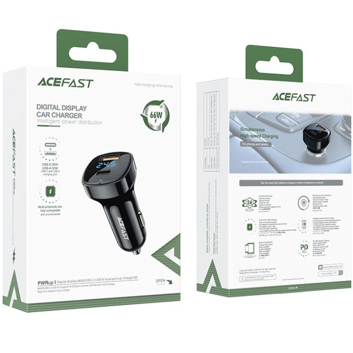 Автозарядка 2xUSB 66W (USB-C + USB-A) B4 with digital display Acefast (6974316280392)