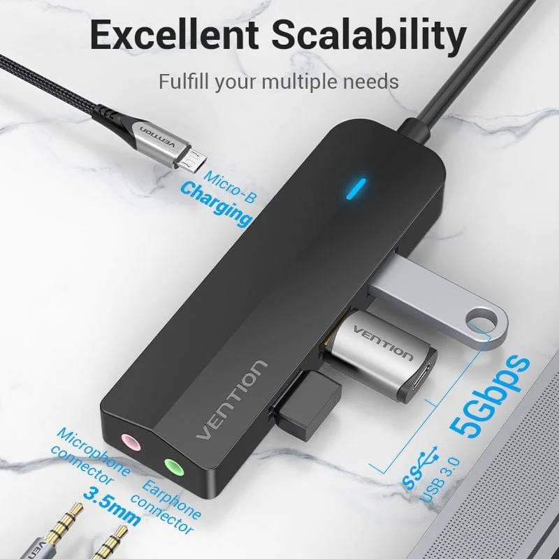 Док-станція USB3.1 Type-C --> USB-Ax3, 3.0/3.5mm Sound Adapter/MicroUSB 10W чорний Vention (TGQBB)