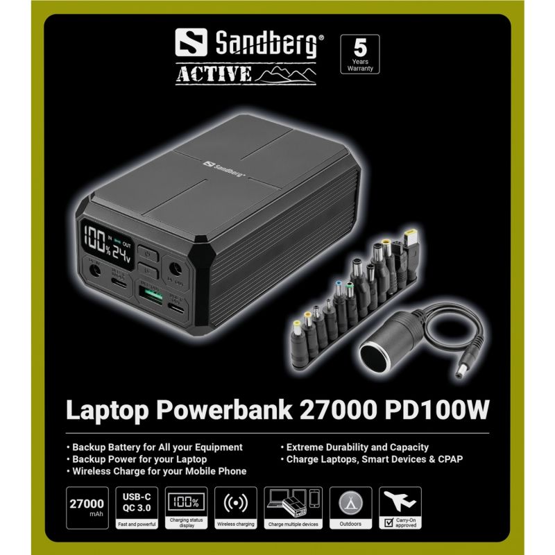 УМБ Sandberg 27000mAh Laptop DC12–24v 84W,100W PD, QC3.0, USB-A, 2xDC, 2xUSB-C, QI-10W, PowerThru (421-13)