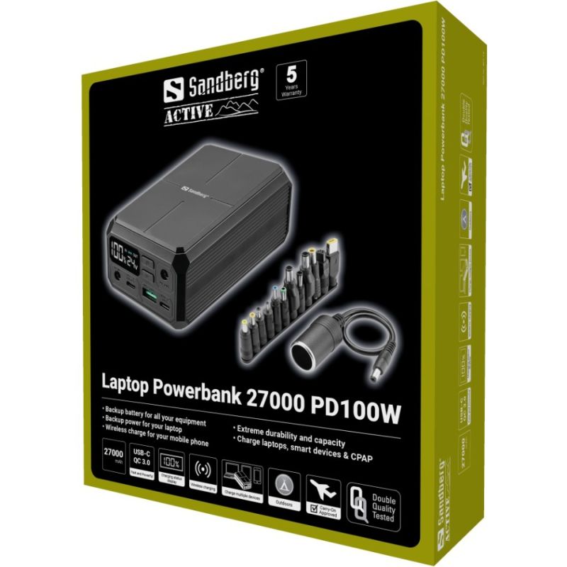 УМБ Sandberg 27000mAh Laptop DC12–24v 84W,100W PD, QC3.0, USB-A, 2xDC, 2xUSB-C, QI-10W, PowerThru (421-13)