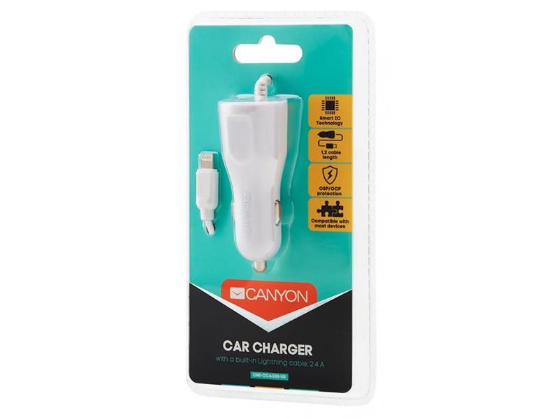 Автомобильное зарядное устройство Canyon (1USB, 2.4A) White + кабель Lightning (CNE-CCA033W)