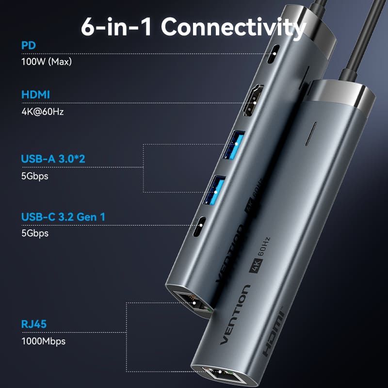 Док-станція USB3.2 Type-C --> HDMI 4K60Hz/USB 3.0x2/RJ45/PD 100W Hub 6-in-1 Vention (TGNHB)