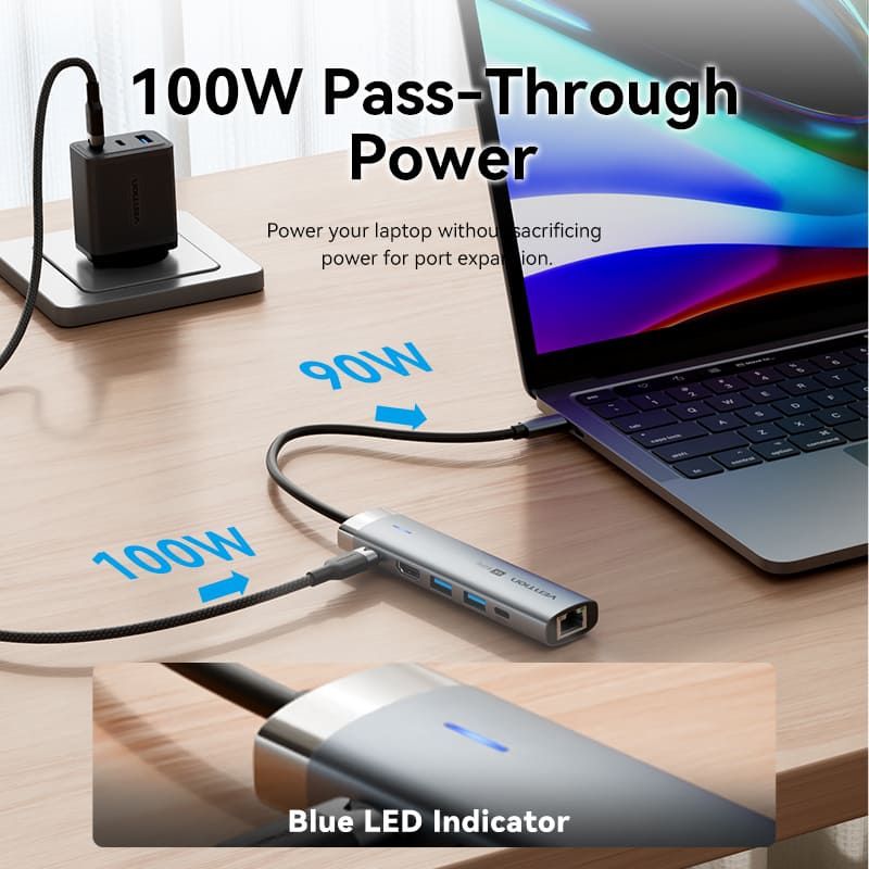 Док-станція USB3.2 Type-C --> HDMI 4K60Hz/USB 3.0x2/RJ45/PD 100W Hub 6-in-1 Vention (TGNHB)