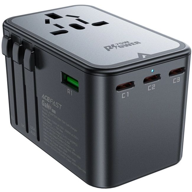 Зарядний пристрій 5xUSB 75W (3xUSB-C+2xUSB-A) Gan Z1 Travel Fast Charger Acefast (6974316282495)