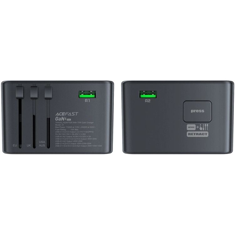 Зарядний пристрій 5xUSB 75W (3xUSB-C+2xUSB-A) Gan Z1 Travel Fast Charger Acefast (6974316282495)