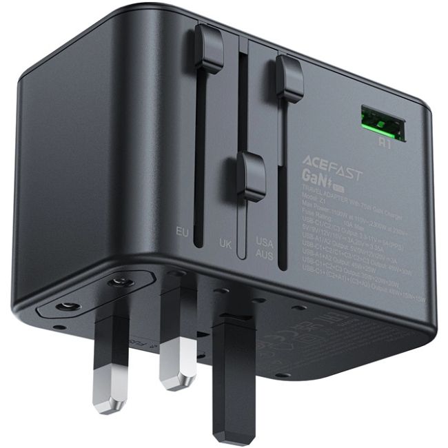 Зарядний пристрій 5xUSB 75W (3xUSB-C+2xUSB-A) Gan Z1 Travel Fast Charger Acefast (6974316282495)