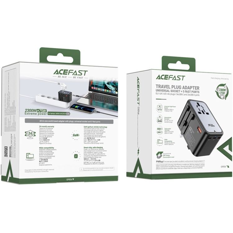 Зарядний пристрій 5xUSB 75W (3xUSB-C+2xUSB-A) Gan Z1 Travel Fast Charger Acefast (6974316282495)