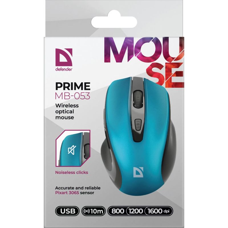 Мишка Defender Prime MB-053, бездротова, 6 кн. до 1600 dpi, безшумна, бірюзова (52054)