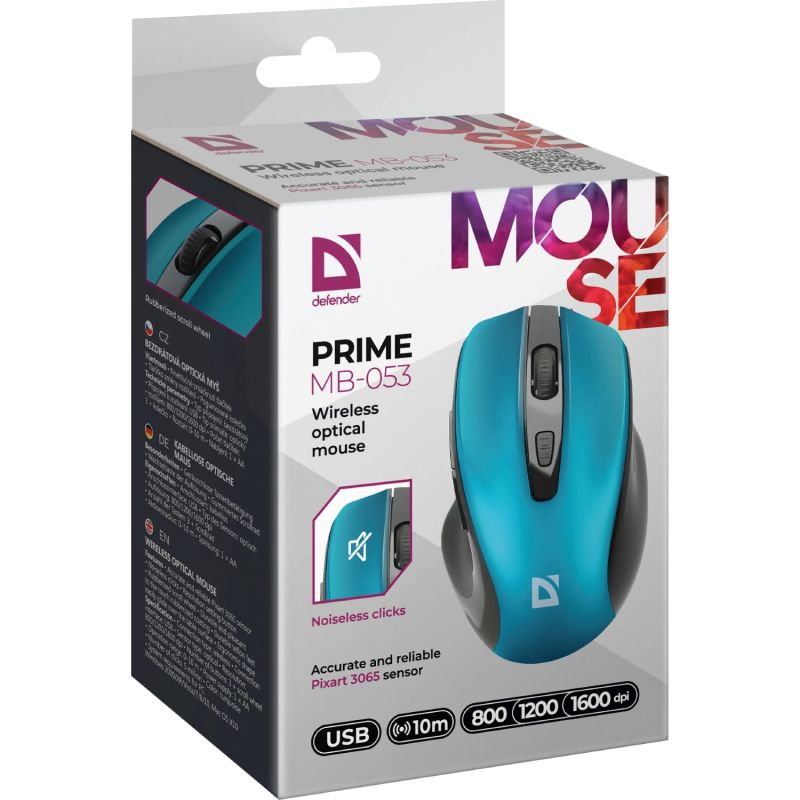 Мишка Defender Prime MB-053, бездротова, 6 кн. до 1600 dpi, безшумна, бірюзова (52054)