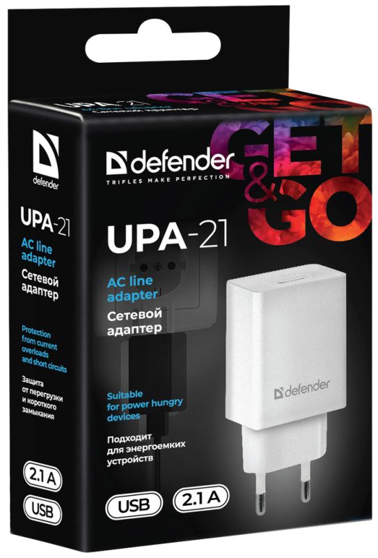 Зарядний пристрій 1xUSB 11W 2.1A UPA-21 білий Defender (83571)