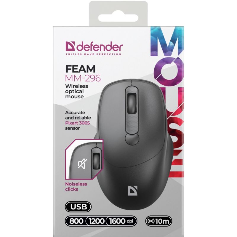 Мишка Defender Feam MM-296, бездротова, 4кн. до 1600 dpi, безшумна, чорна (52296)