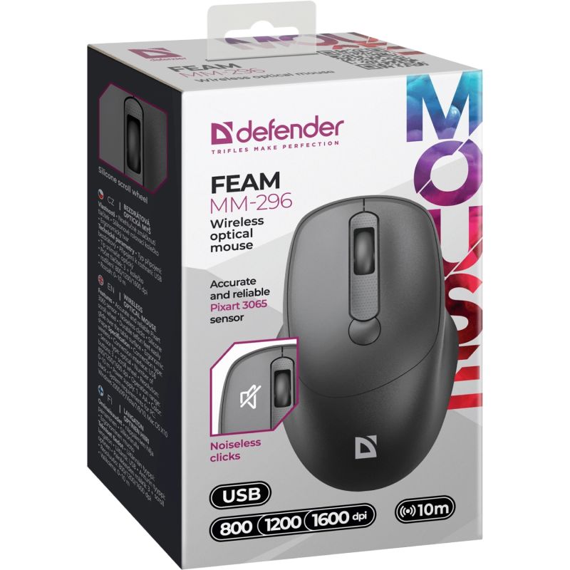 Мишка Defender Feam MM-296, бездротова, 4кн. до 1600 dpi, безшумна, чорна (52296)