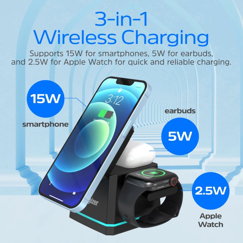 Зарядний пристрій Wireless 15W 3-in-1 Fast Charger black Energizer (WCP307)