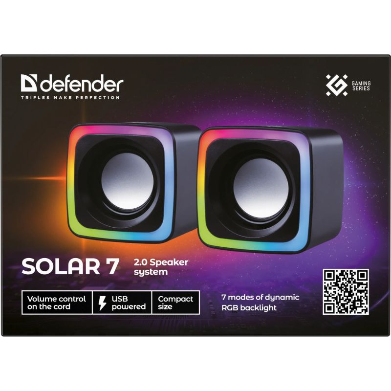 Акустична система 2.0 Defender Solar 7, 6Вт, RGB підсвітка, USB, чорна (65117)
