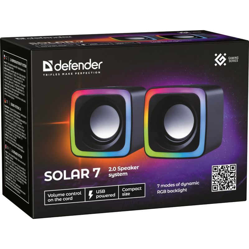 Акустична система 2.0 Defender Solar 7, 6Вт, RGB підсвітка, USB, чорна (65117)