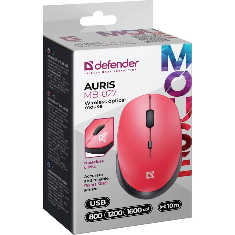 Мишка Defender Auris MB-027, бездротова, 4 кн. 1600 dpi, безшумна, червона (52026)