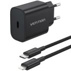 Зарядний пристрій 1xUSB-C 20W + USB-C to Lightning cable М-М  Black Vention (G17B0-EU)