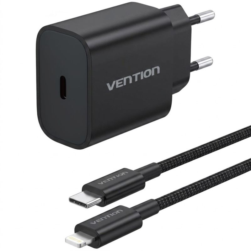 Зарядний пристрій 1xUSB-C 20W + USB-C to Lightning cable М-М  Black Vention (G17B0-EU)