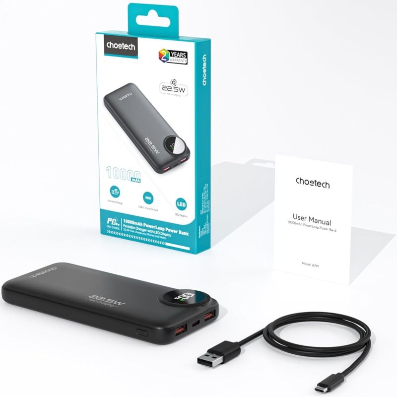 УМБ Choetech 10000mAh 22,5W PD QC3.0 2xUSB-A, USB-C чорна (M15-B791-ACBK-NG)