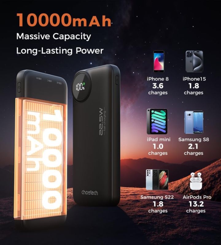 УМБ Choetech 10000mAh 22,5W PD QC3.0 2xUSB-A, USB-C чорна (M15-B791-ACBK-NG)