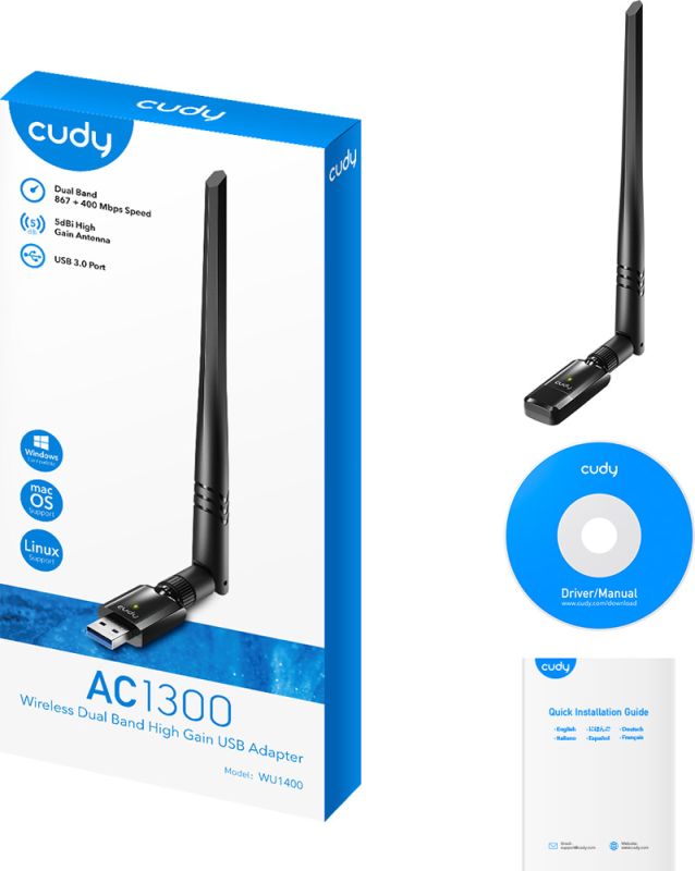 Адаптер WiFi Cudy WU1400, AC1300 Wi-Fi High Gain USB 3.0 Adapter (WU1400)