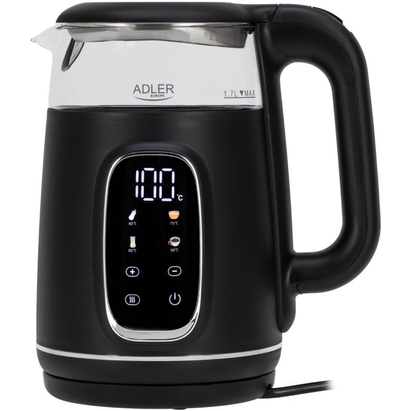 Електрочайник Adler AD 1305 black silver 1850-2200Вт/ 1.7л/ скло/ встановлення температури/ (AD1305BS)