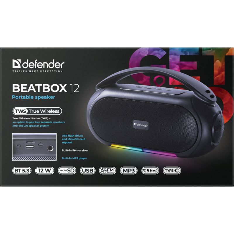 Акустична система 1.0 Defender Beatbox 12, 12Вт, Bluetooth/RGB/FM/USB/TF/MIC/ чорна (65812)