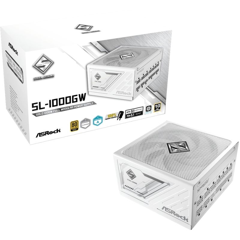 БЖ 1000W ASRock SteelLegend White SL-1000GW ATX 3.1 135mm, 80+ Gold, Fully Modular, Retail (SL-1000GW)