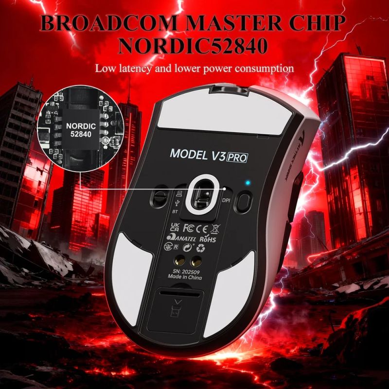Мишка Attack Shark V3Pro Ultra-Light, Wireless/Bluetooth, 25000dpi. (PAW3311), 6кн., Black (V3PROB_AS)