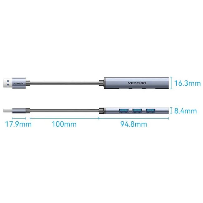 Хаб USB 3.0 -> 1xUSB 3.0/3xUSB 2.0, 0.15м, 5 Гбіт/с, Grey Vention (CKOHB)