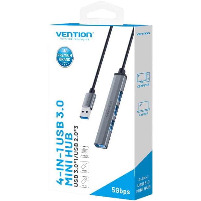 Хаб USB 3.0 -> 1xUSB 3.0/3xUSB 2.0, 0.15м, 5 Гбіт/с, Grey Vention (CKOHB)