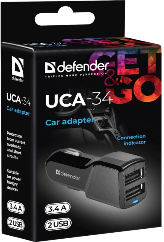 Автозарядка 2xUSB 18W (2xUSB-A) 3.4A UCA-34 чорна Defender (83834)