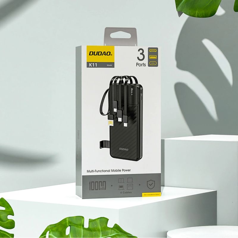 УМБ Dudao 10000mAh K11 10W USB-A,USB-C,microUSB, with USB-A/USB-C/Lightning/MicroUSB cables Black (6977196681853)