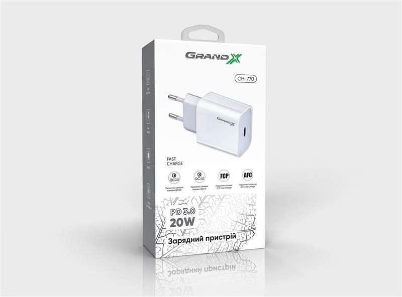 Сетевое зарядное устройство Grand-X (1xUSB-C 20W) QC4.0, PD 3.0, FCP, AFC White (CH-770)