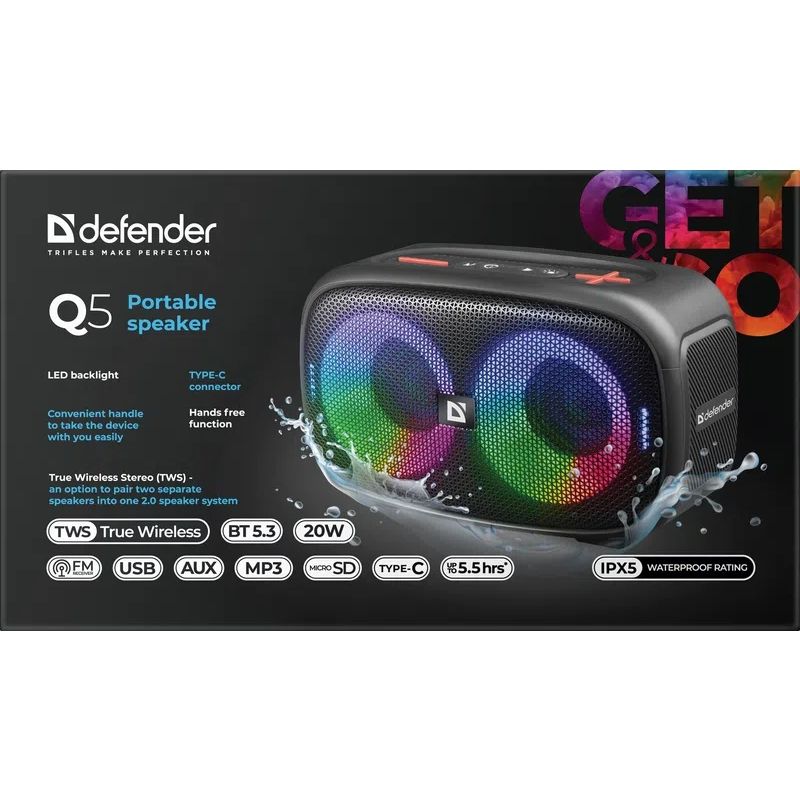 Акустична система 1.0 Defender Q5 20 Вт Bluetooth/FM/USB/TF/IPX5, LED, чорна (65305)