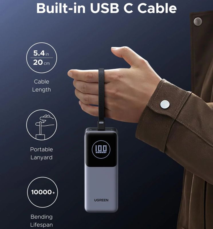 УМБ Ugreen 20000mAh 130W PD/QC, USB-A, USB-С In/Out with built-in USB-C cable (PB723) Gray (55365B)