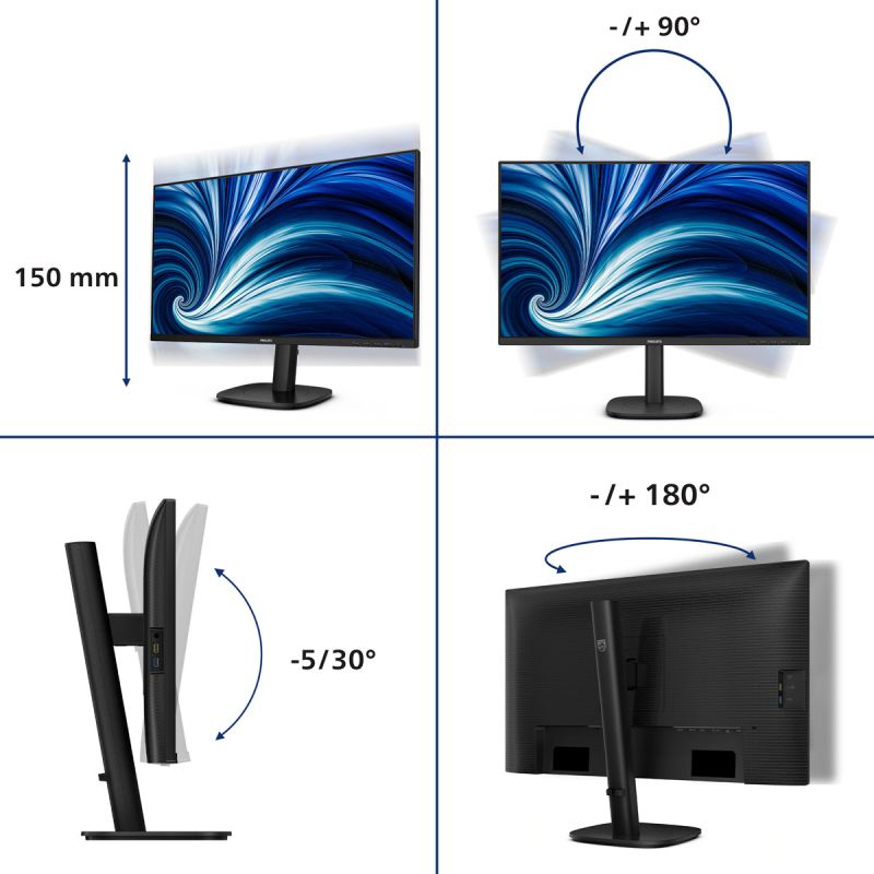 TFT 27" Philips 27B2U3601, QHD, IPS, 120Гц, HDMI, DP, USB-C, RJ-45, USB-hub, HAS,Pivot, кол., чорний (27B2U3601/00)