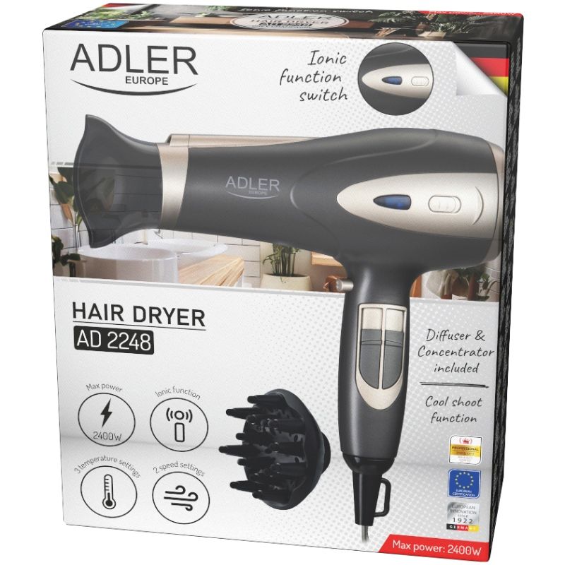 Фен Adler AD 2248 grey champane 2200Вт/ 2 швидкості/ хол.обдув/ темп.режимів-3/ іонізація/ дифузор (AD2248G)