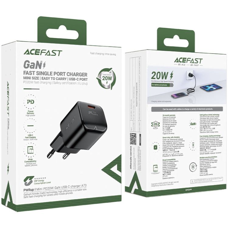 Зарядний пристрій 1xUSB-C 20W Gan A73 mini Fast Charger Black Acefast (6974316282648)