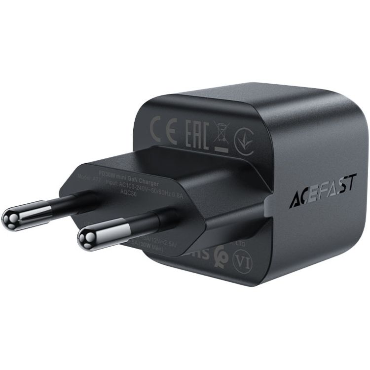 Зарядний пристрій 1xUSB-C 30W Gan A77 mini Fast Charger Black Acefast (6974316282662)