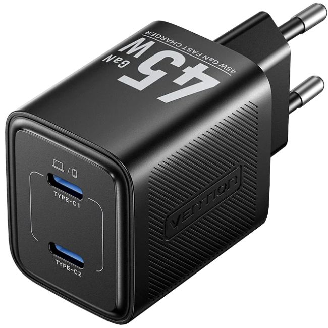 Зарядний пристрій 2xUSB-С 45W GaN чорний Vention (FEFB0-EU)