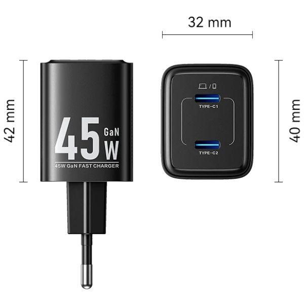 Зарядний пристрій 2xUSB-С 45W GaN чорний Vention (FEFB0-EU)