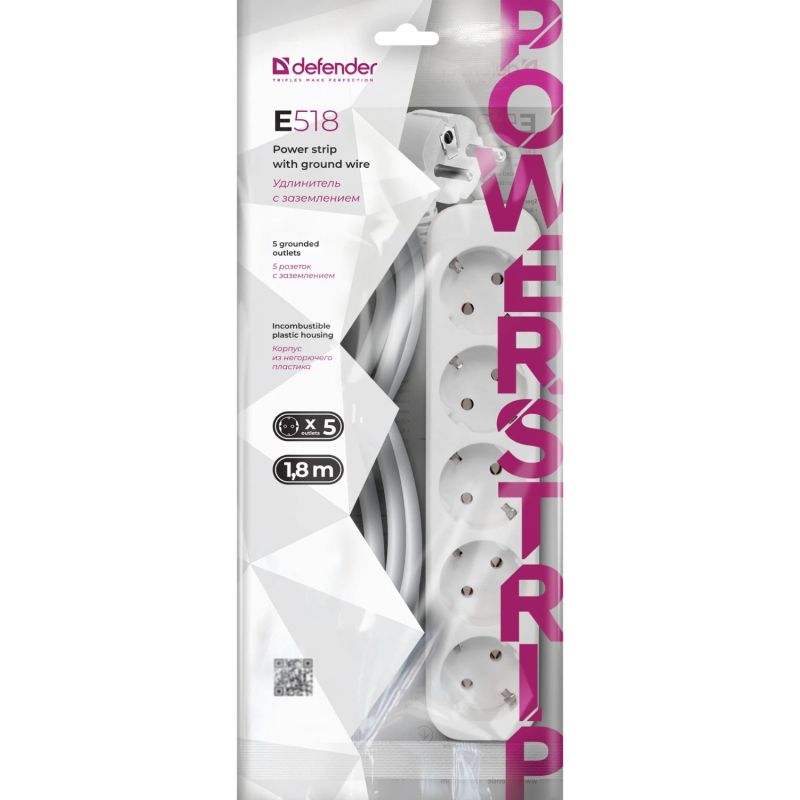 Power filtr 1.8м Defender E518, 5 розеток, з заземленням (992290)