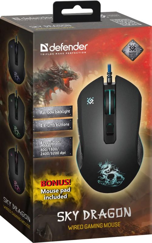 Мишка Defender Sky Dragon GM-090L, 6кн., 3200dpi, (+килимок) підсвітка (52090)