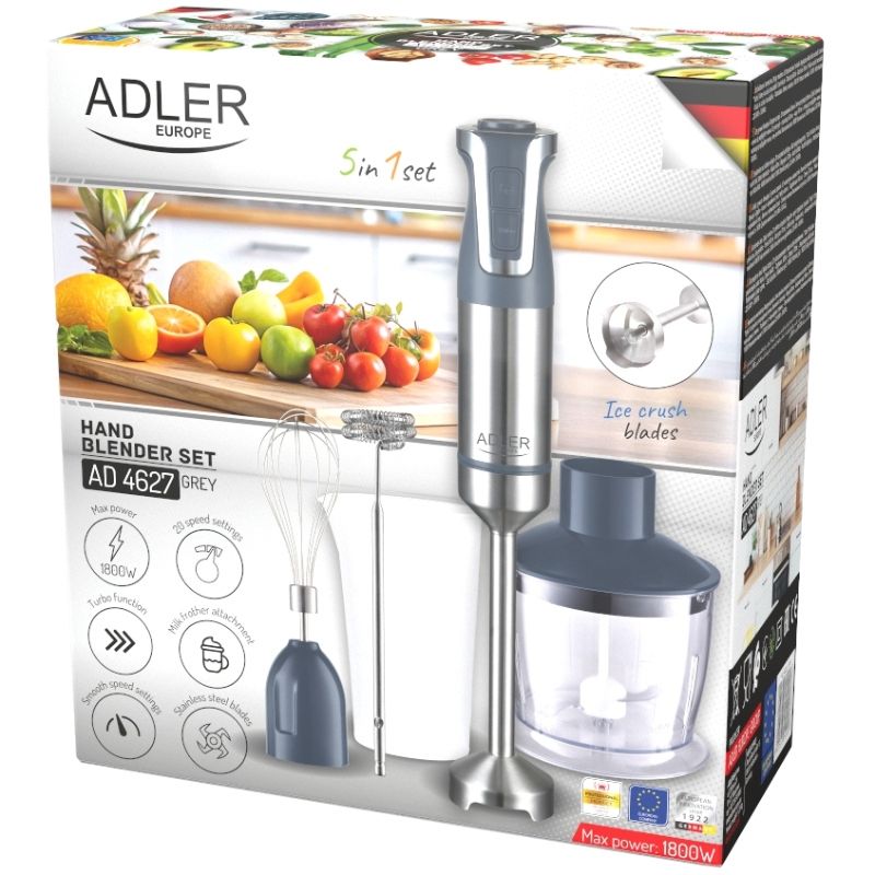 Блендер Adler AD 4627 grey ручний/ 1800Вт/ 20 швидк./ TURBO/ чаша для змішування 600мл (AD4627G)