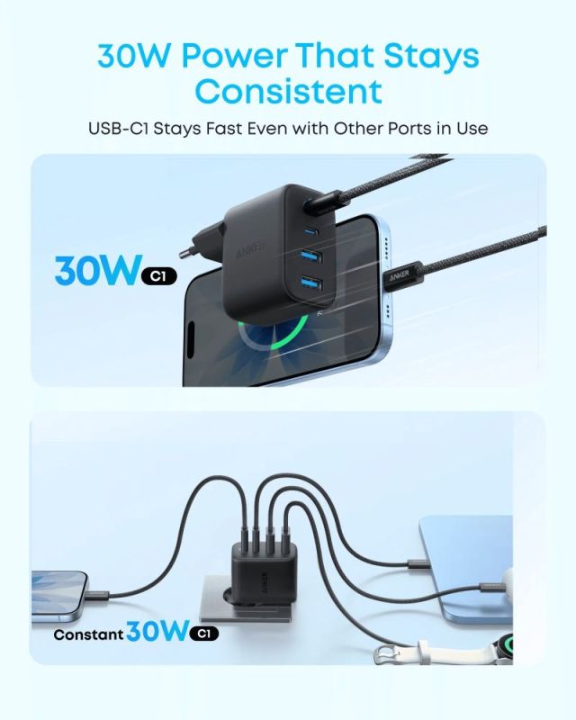 Сетевое зарядное устройство Anker Zolo Charger 50W, 2xUSB-C, 2xUSB-A, Black (A121EG11)