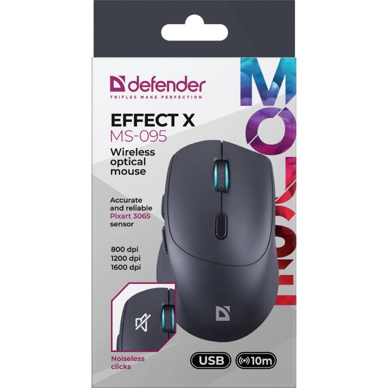 Мишка Defender Effect X MS-095, бездротова, 6 кн. до 1600 dpi, безшумна, чорна (52095)