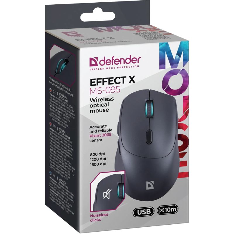 Мишка Defender Effect X MS-095, бездротова, 6 кн. до 1600 dpi, безшумна, чорна (52095)