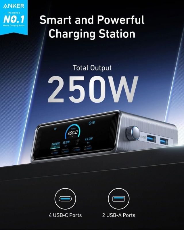 Мережевий зарядний пристрій Anker GaNPrime 250W 4xUSB-C PD, 2xUSB-A Black (A2345341)