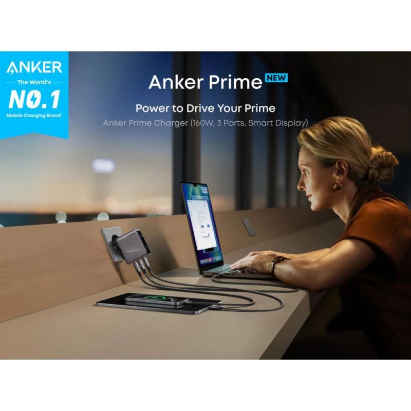 Сетевое зарядное устройство Anker GaN Prime Charger 160W, 3xUSB-C, Display Silver (A2687341)